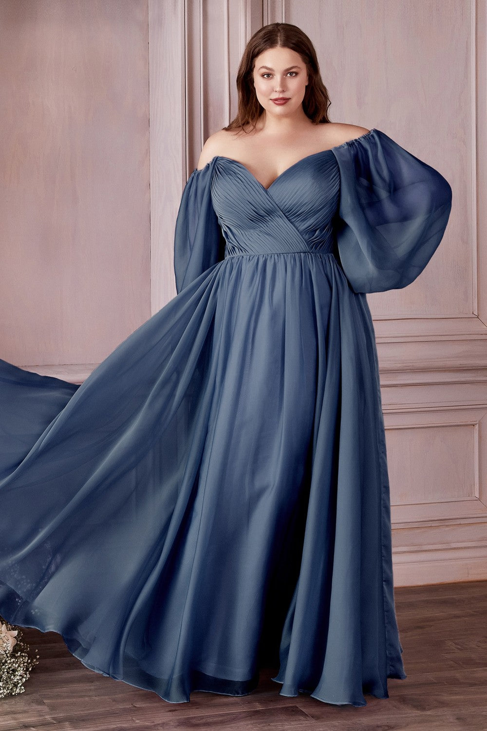 LONG SLEEVE CHIFFON DRESS by Cinderella Divine CD243C - Curves