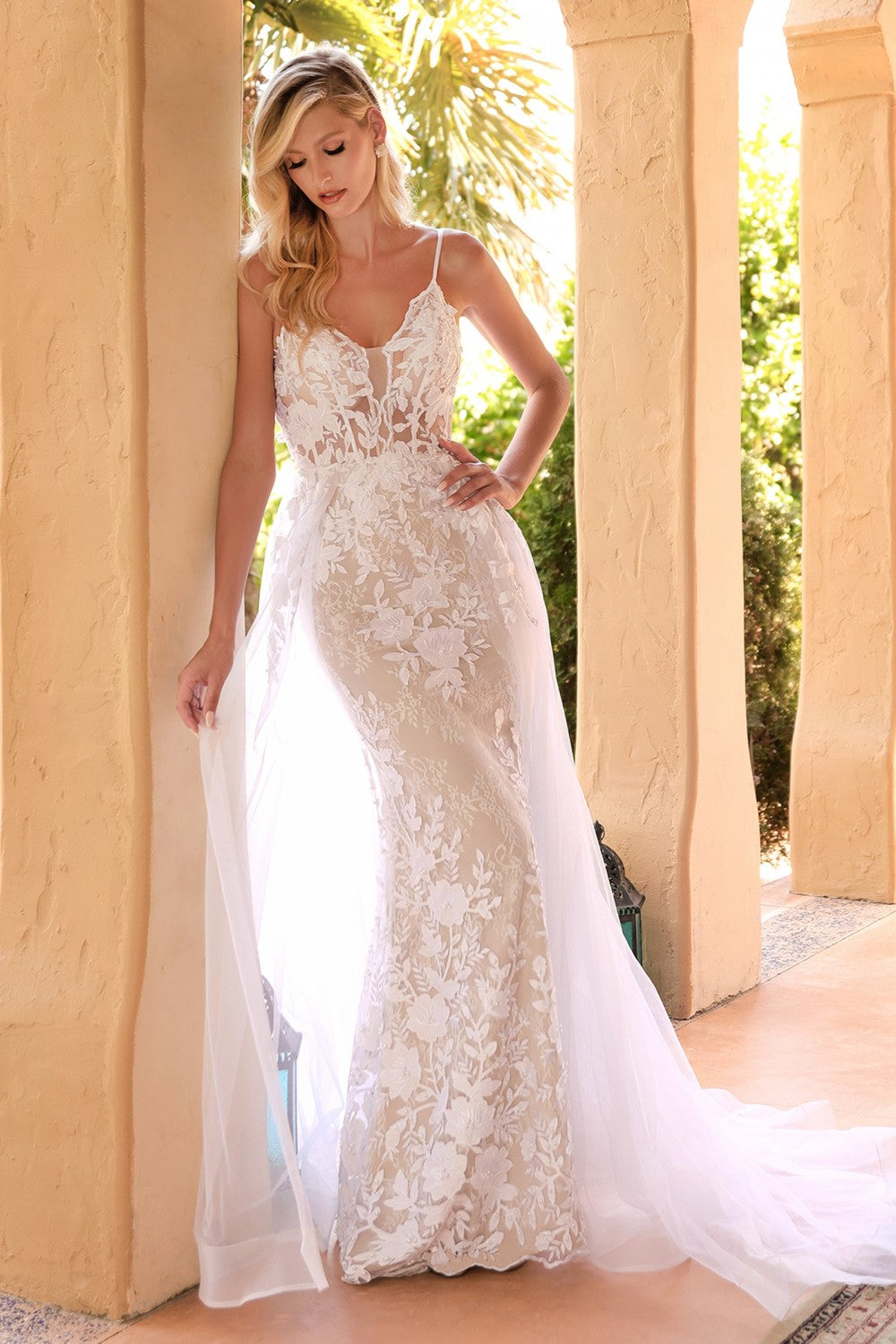 Floral Lace Bridal Gown With Tulle Overskirt Cinderella Divine CD931W