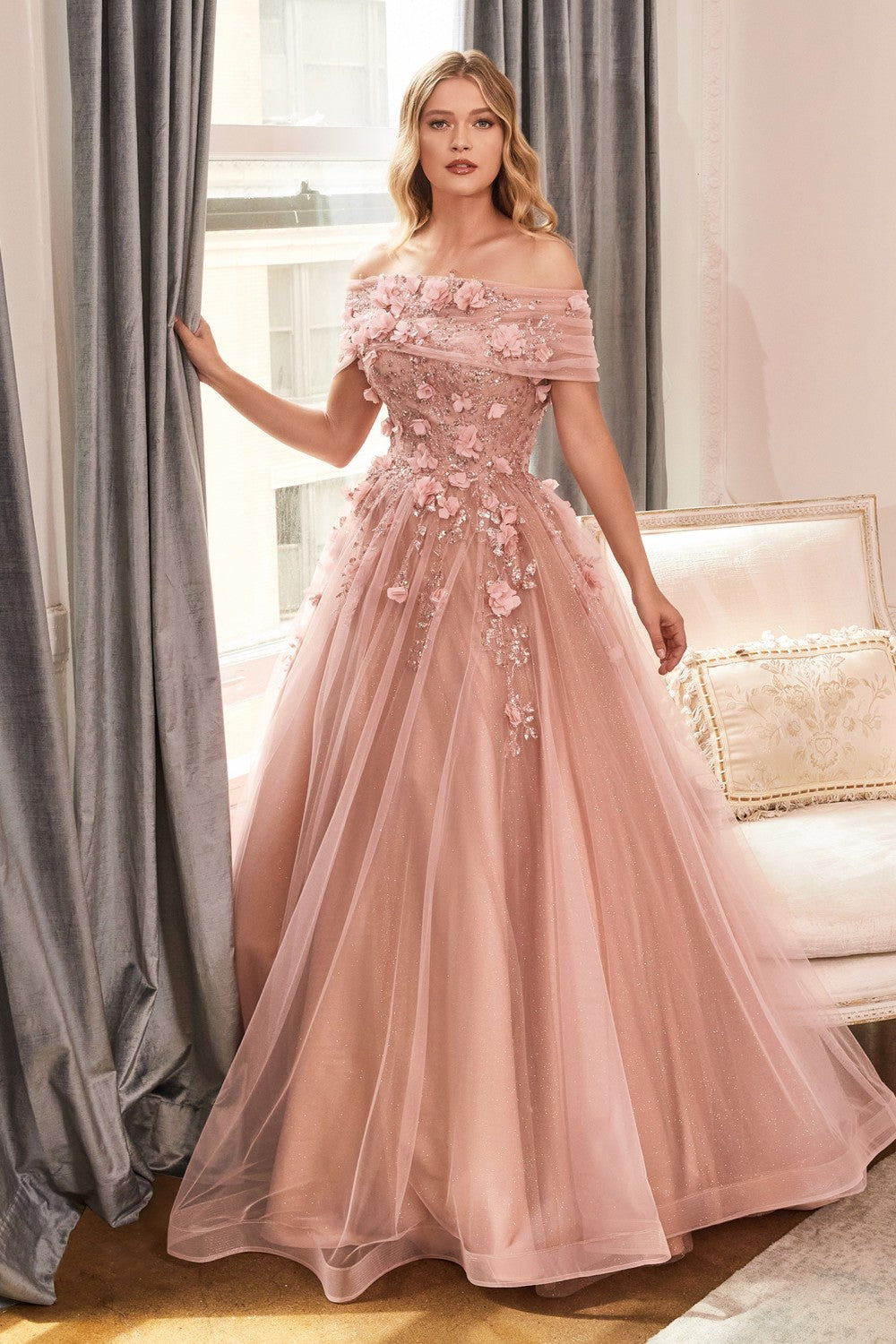 Strapless Glitter Tulle Ball Gown by Cinderella Divine CD955 - Special Occasions/Curves