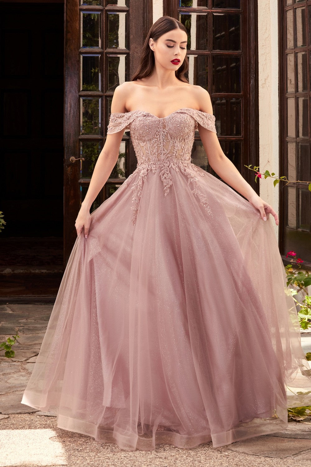 Off the Shoulder Lace Bodice Tulle A-Line Gown by Cinderella Divine CD961 - Special Occasion/Curves