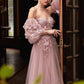 Long Sleeve Strapless Floral Off the Shoulder A-line Tulle Gown by Ladivine  CD962 - Special Occasion/Curves