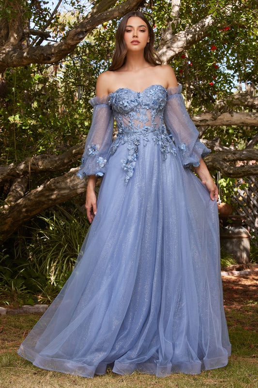 Long Sleeve or Strapless Floral Off the Shoulder Gown by LaDivine - CD962 - Special Occasion