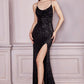 Fitted Sequin Cowl Gown with Lace up Back by Cinderella Divine CF199 - Special Occasion