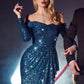 Sequin Off The Shoulder Long Sleeve Slit Women Formal Gown By Ladivine CH135 - Special Occasion/Curves