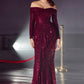 Sequin Off The Shoulder Long Sleeve Slit Women Formal Gown By Ladivine CH135 - Special Occasion/Curves