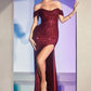 Off The Shoulder Ruched Sequin Slit Gown By Ladivine CH144 - Special Occasion/Curves