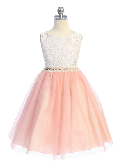 Lace with Mesh Pearl Trim Girl Party Dress by AS456B Kids Dream - Girl Formal Dresses