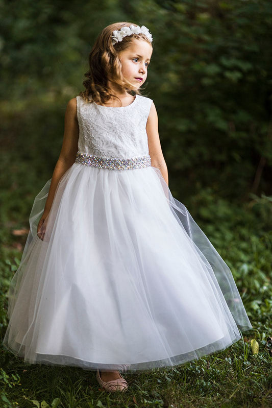 Long Lace Illusion with Thick Rhinestone Trim Girl Party Dress by AS524-E Kids Dream - Girl Formal Dresses