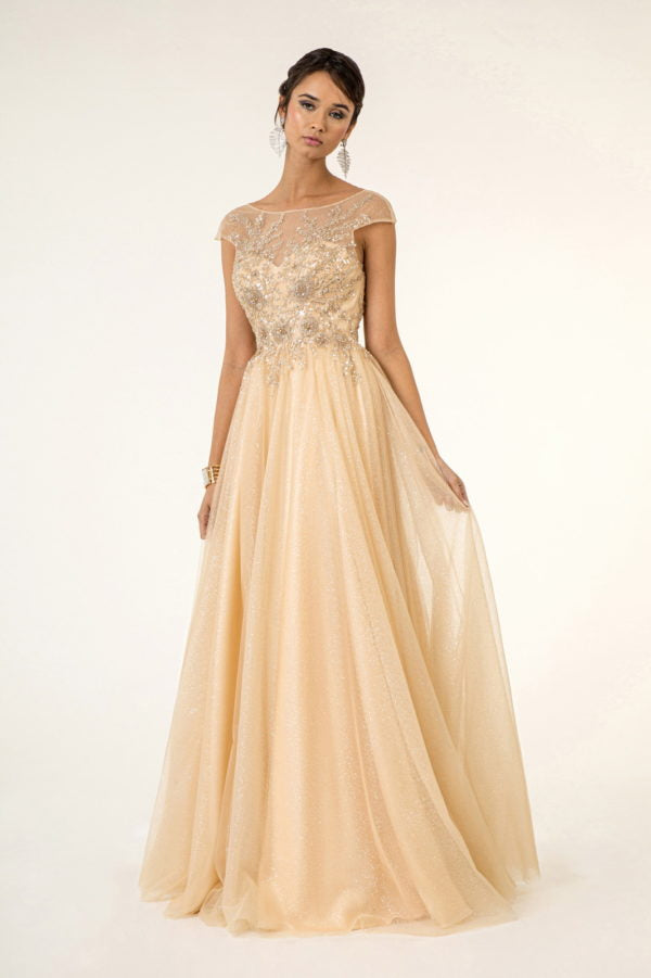 Elizabeth K - GL1954 - Mesh Boat-Neck Glitter Dress