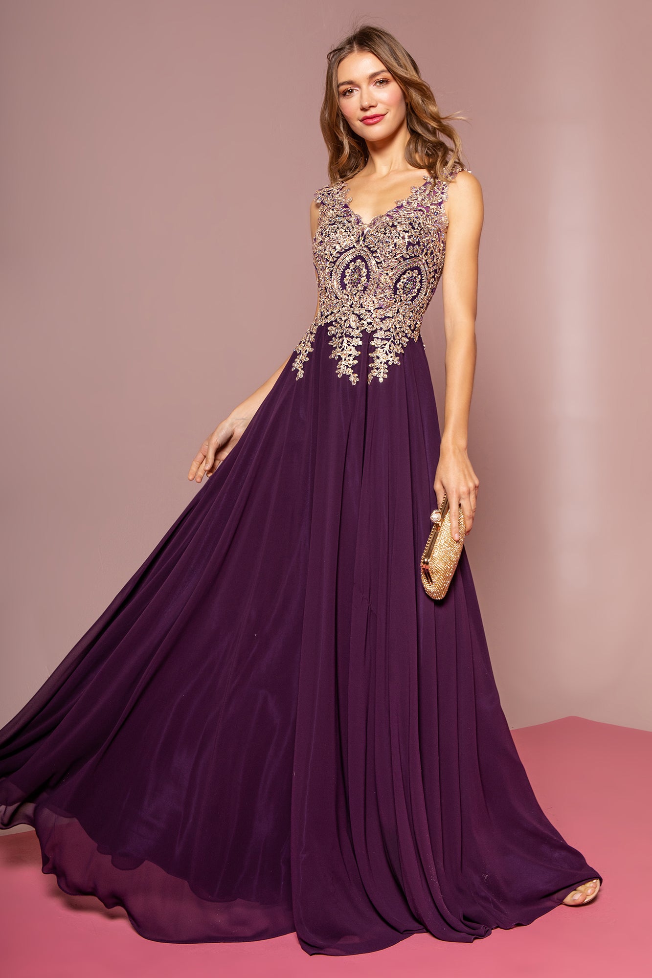 Embroidered Chiffon V-Neck Dress by Elizabeth K - GL2311 -Special Occasion/Curves