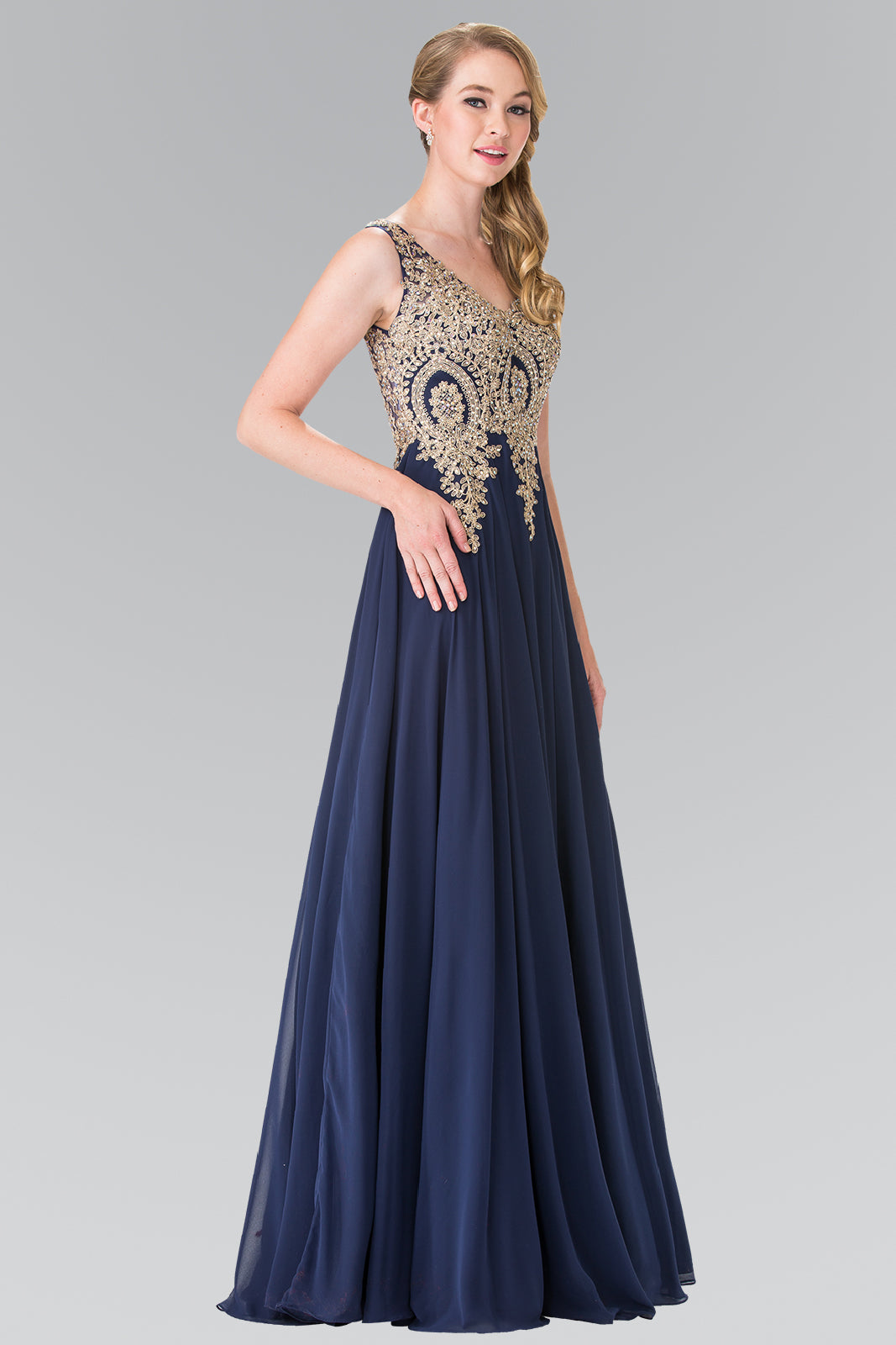 Embroidered Chiffon V-Neck Dress by Elizabeth K - GL2311 -Special Occasion/Curves