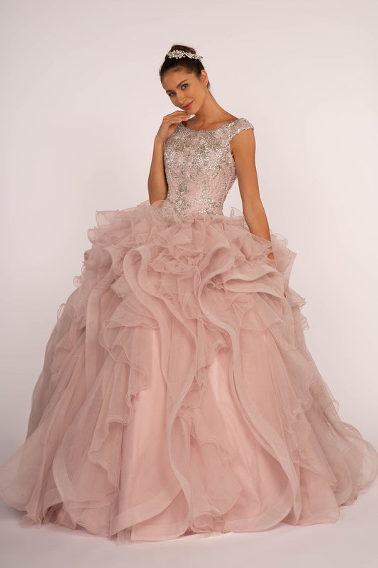 Elizabeth K - GL2514 - Embellished Sequin Bodice Boat Neck Quinceanera Dress