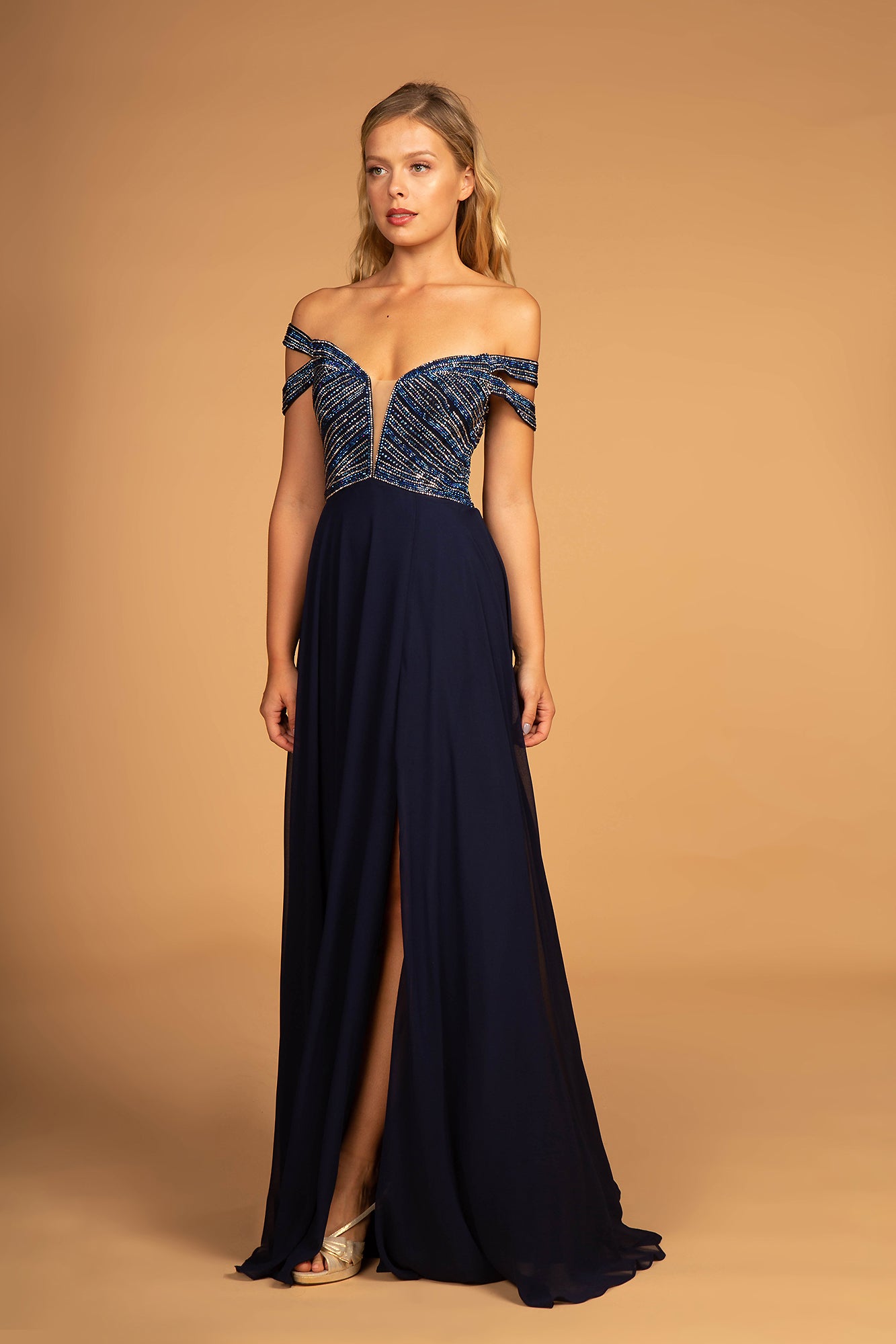 Elizabeth K - GL2527 - Embellished Cut-Away Shoulder A-Line Dress - Special Occasion/Curves