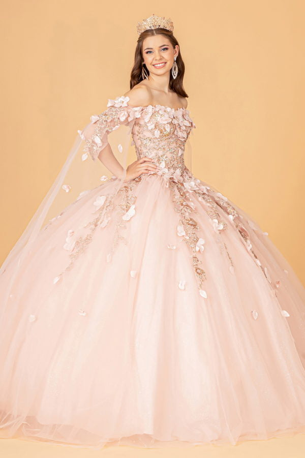 Off Shoulder Mesh Quinceanera Gown w/ Shoulder Side Mesh Drapes by Elizabeth K - GL3075