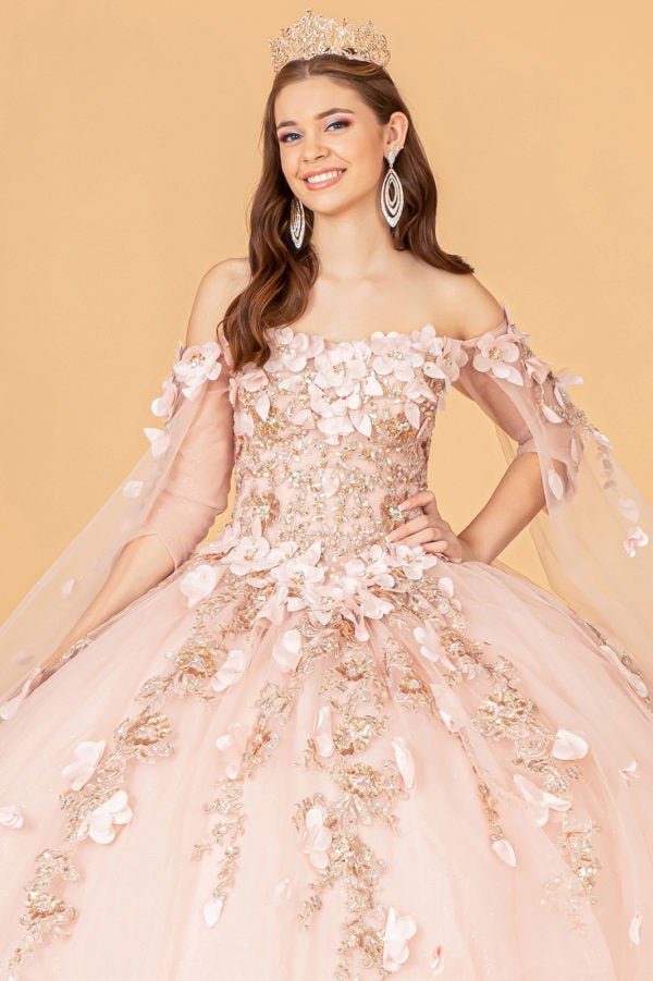 Off Shoulder Mesh Quinceanera Gown w/ Shoulder Side Mesh Drapes by Elizabeth K - GL3075