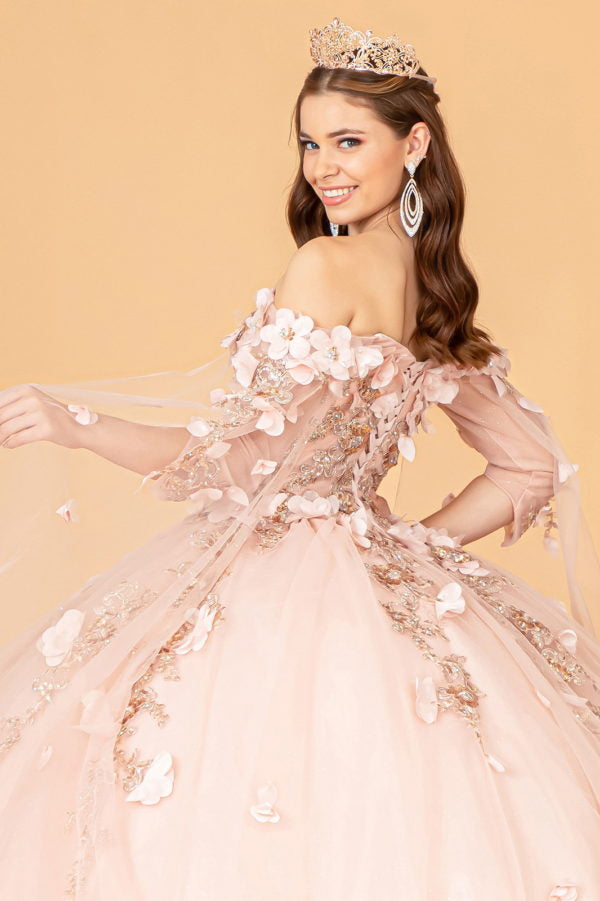 Off Shoulder Mesh Quinceanera Gown w/ Shoulder Side Mesh Drapes by Elizabeth K - GL3075