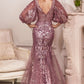 Long Sleeve Glitter Mermaid Print Gown by Cinderella Divine OC009- Special Occasion/Curves