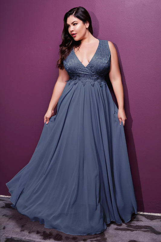 Lace Bodice A-Line Chiffon Dress by Cinderella Divine S7201- Curves